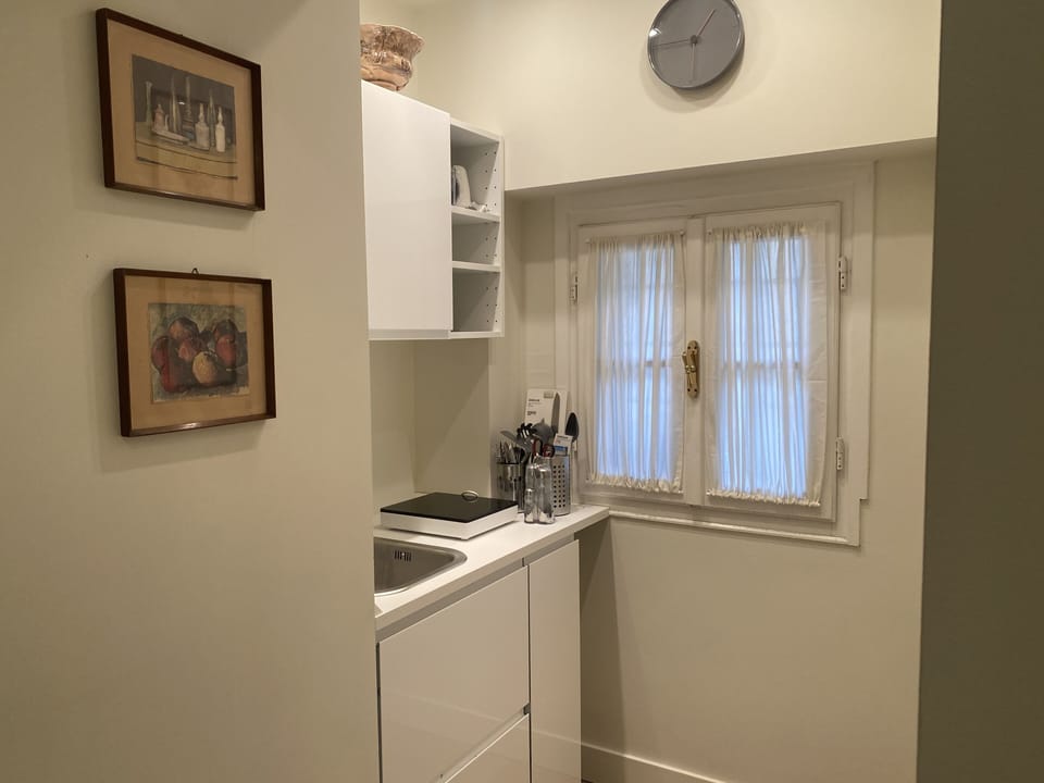 Full-size fridge, microwave, oven, electric kettle
