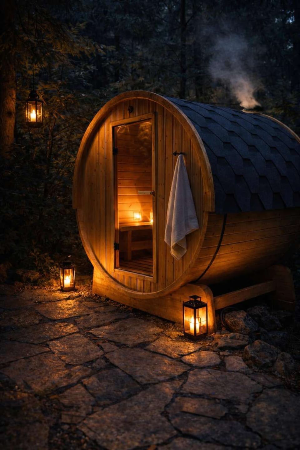 Relax and soak in the heat of the sauna, with adjacent cold plunge