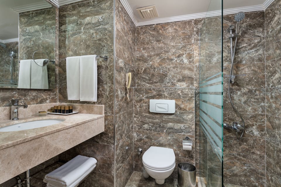 Shower, free toiletries, hair dryer, slippers