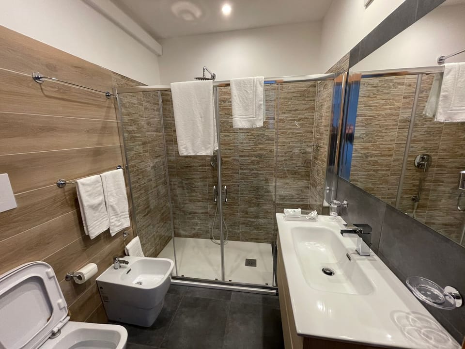 Shower, free toiletries, hair dryer, bathrobes