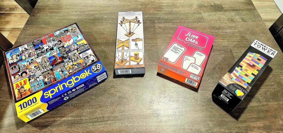 Puzzles, card games, and tabletop games for rainy afternoons.