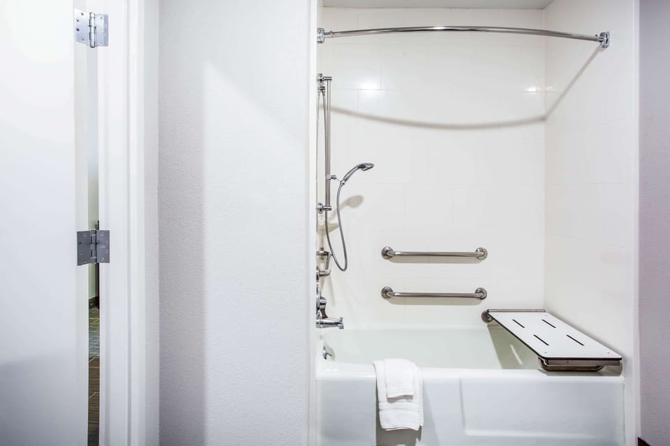 Combined shower/tub, free toiletries, hair dryer, towels