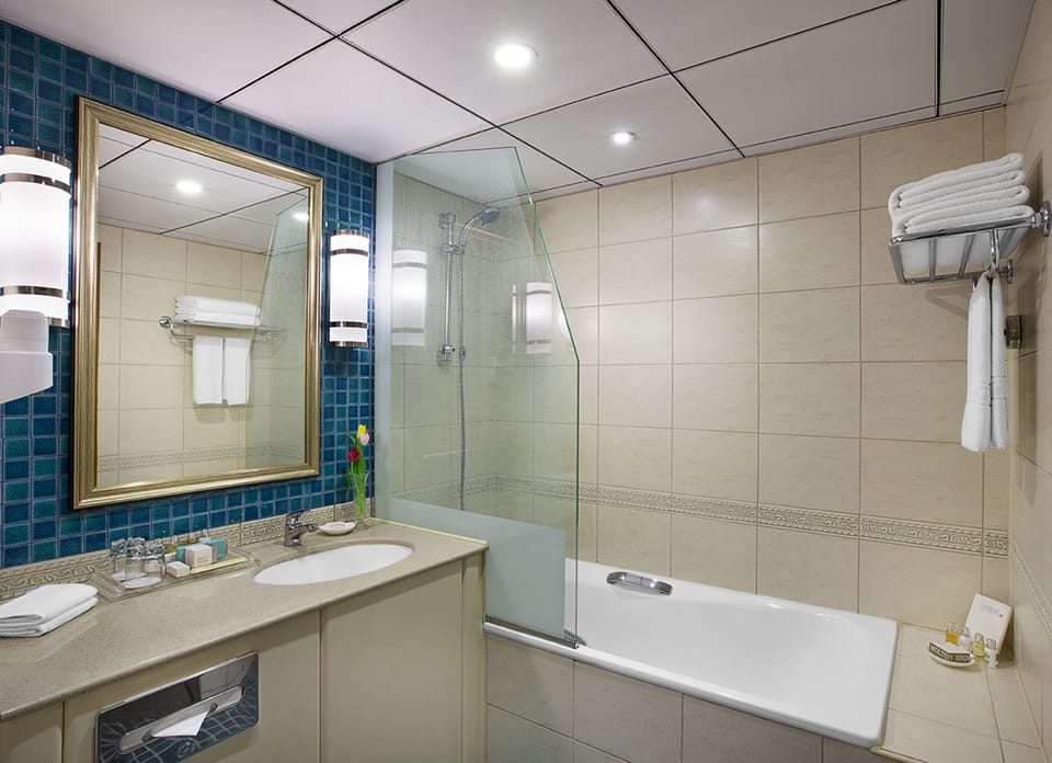 Separate tub and shower, free toiletries, hair dryer, towels