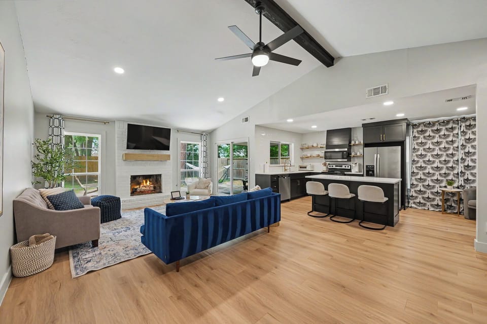 Open concept living space with a full kitchen!  Table seats 4, bar seats 3.