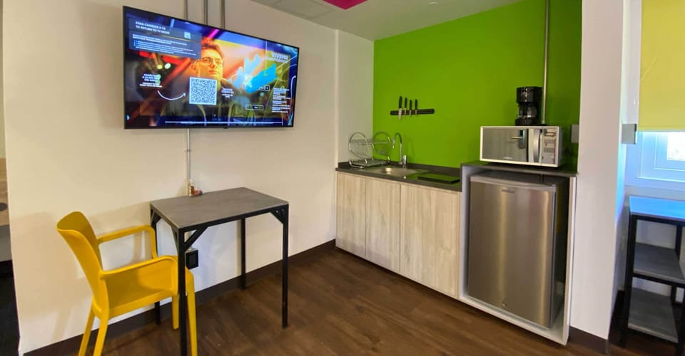 Mini-fridge, microwave, cookware/dishes/utensils