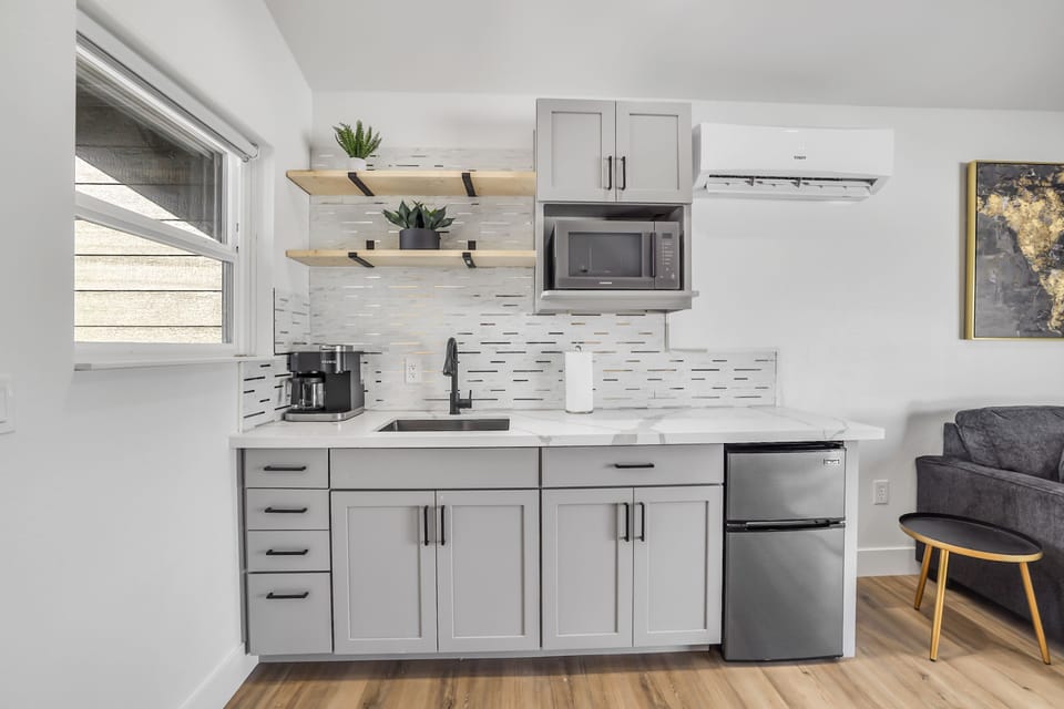 Kitchenette with coffee and cooking supplies
