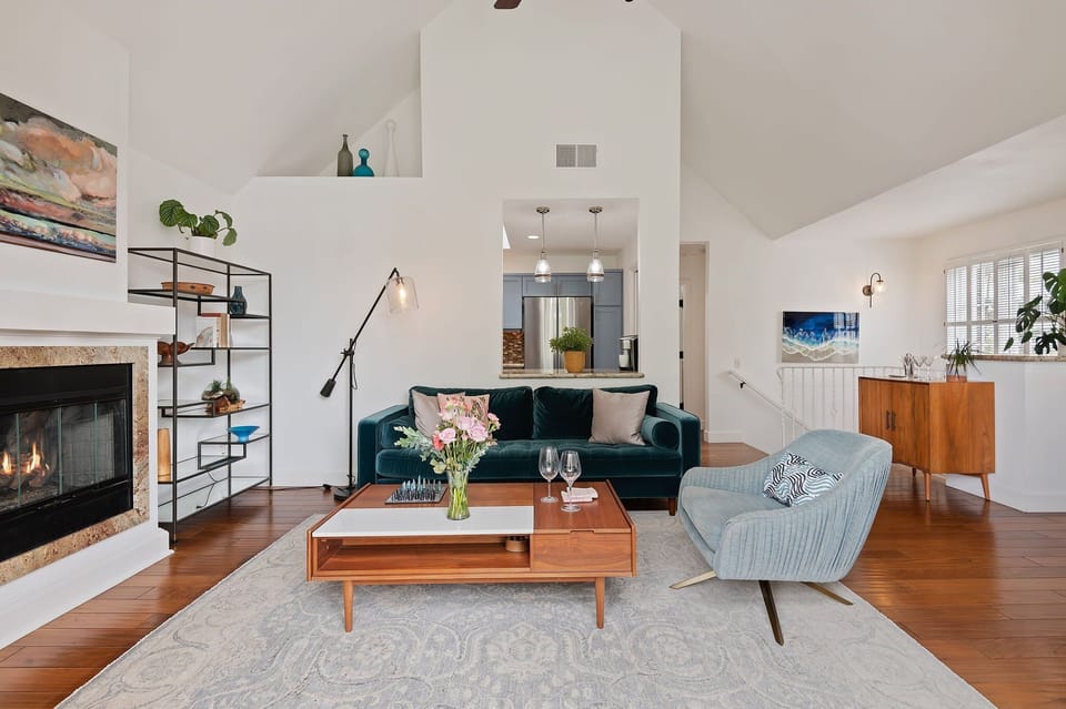 Mid-century mod furniture accent the space