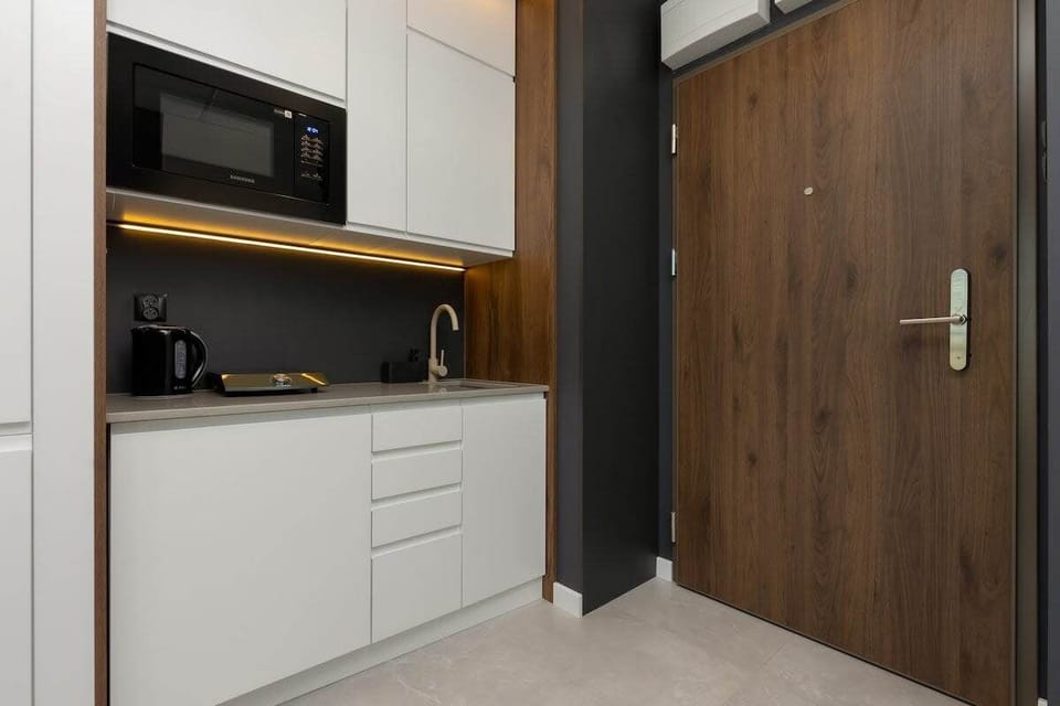 A modern kitchenette featuring white cabinets, a black countertop, and wooden accents, complemented by a sleek wooden door for a minimalistic look.
