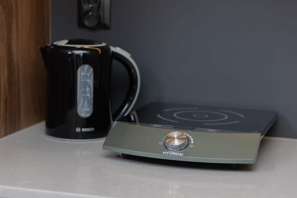 A kitchenette featuring a black induction stove, a kettle, and a sleek black countertop, creating a functional and stylish cooking space.






