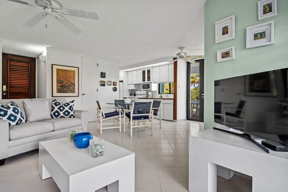 Comfortable open concept apartment with living, dining and fully equipped kitchen