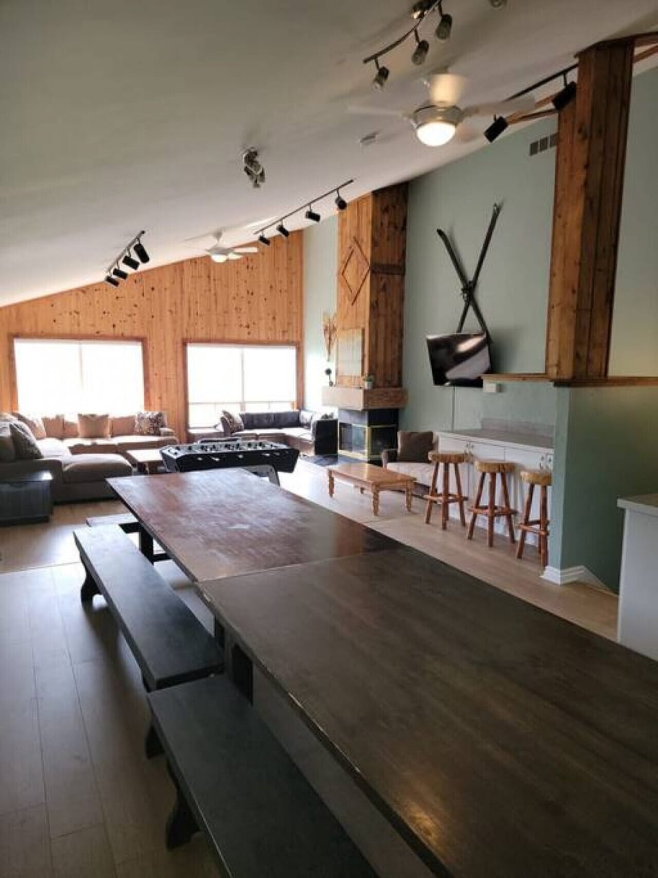 This is your dining and living room area located on the top floor.  There is also a foosball table for your enjoyment.  The kitchen is also located here.