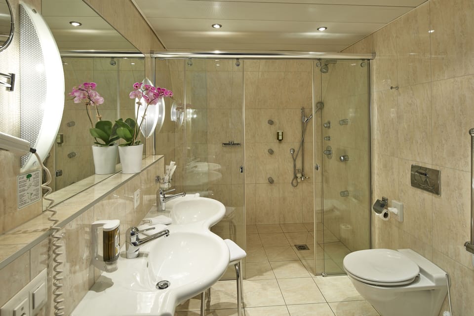 Shower, hair dryer, slippers, towels