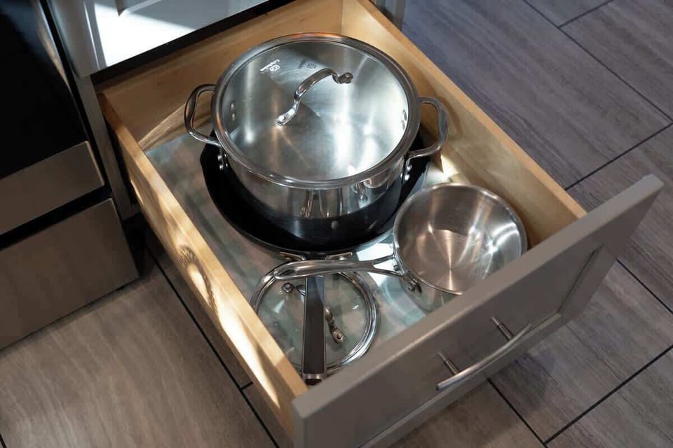 Drawer with stainless steel mixing bowls