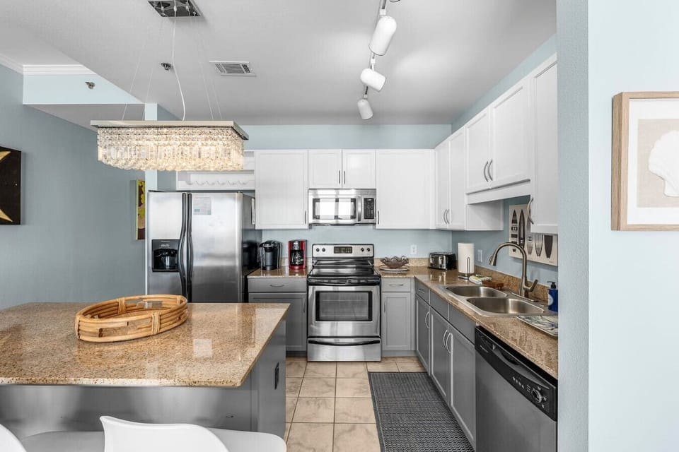 Fully Stocked Kitchen with Ocean Views, Stainless Steel Appliances, Island Bar Seating, Drip Coffee Maker and Keurig Coffee Machine