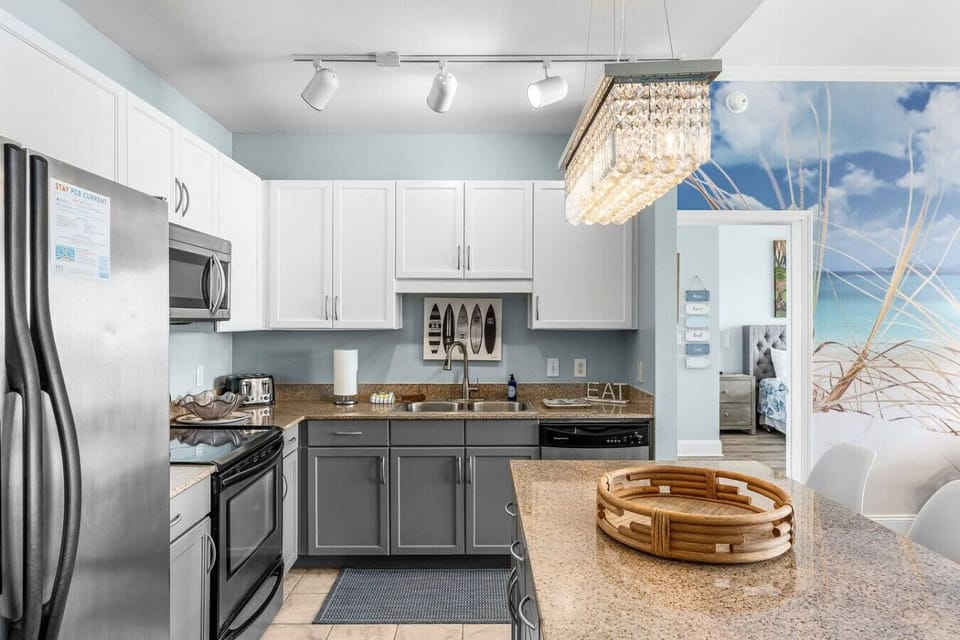Fully Stocked Kitchen with Ocean Views, Stainless Steel Appliances, Island Bar Seating, Drip Coffee Maker and Keurig Coffee Machine