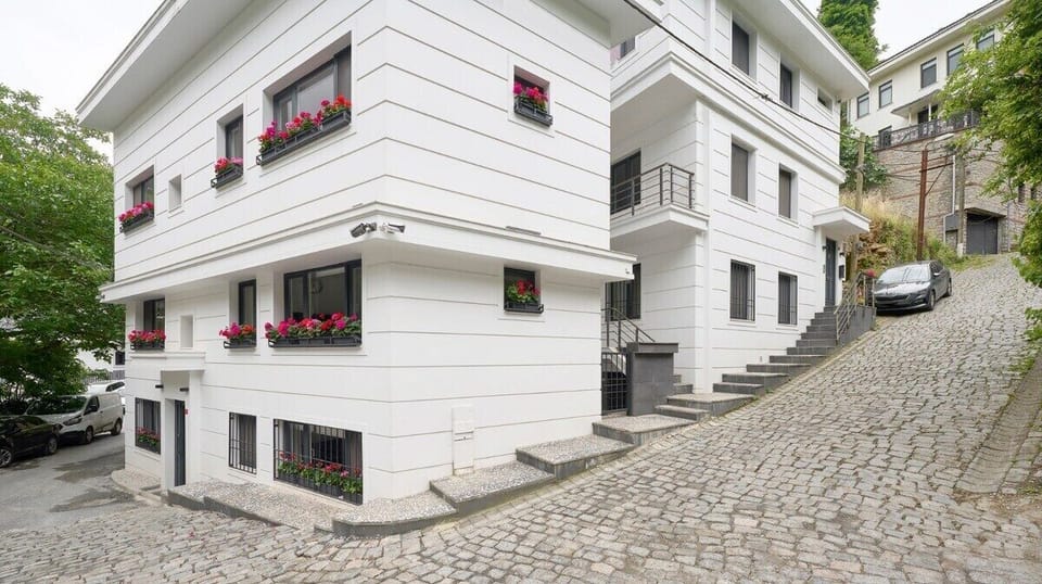 Between the two beautiful white buildings, the small gated door access to the apartment.