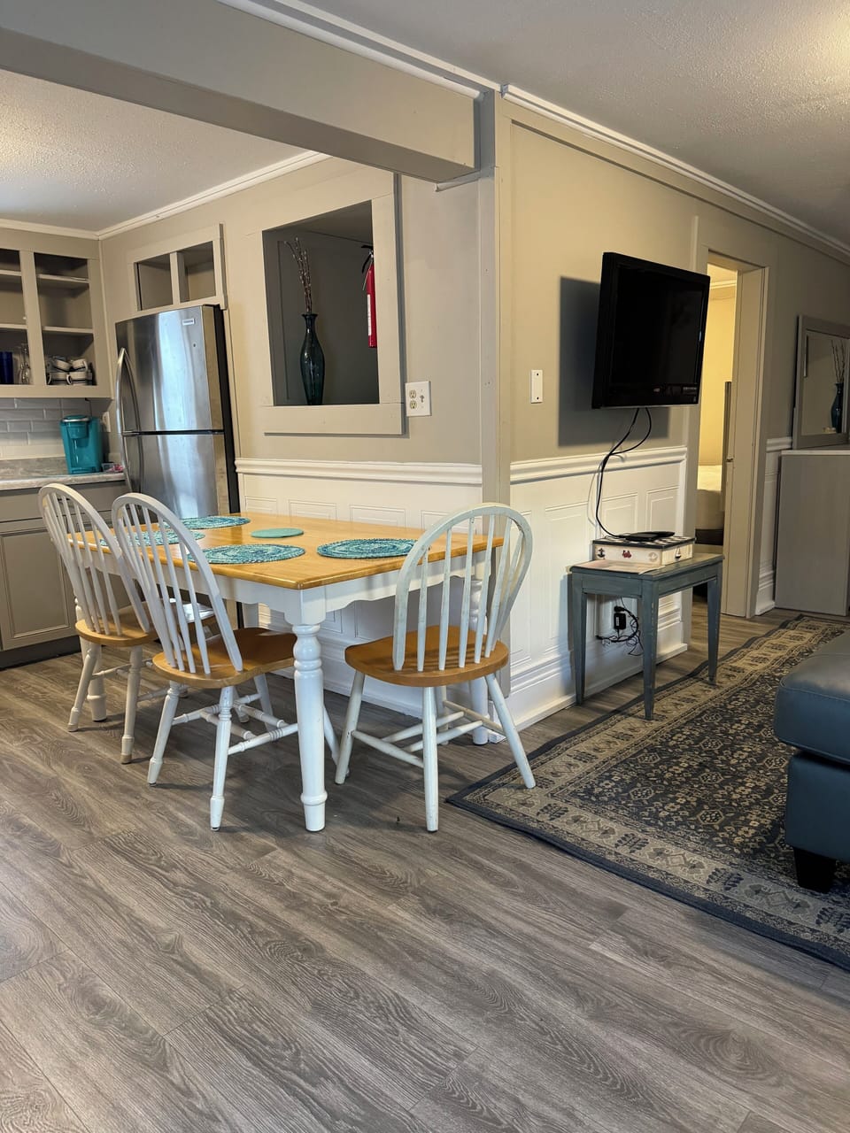 Open concept kitchen, dining room, living room.