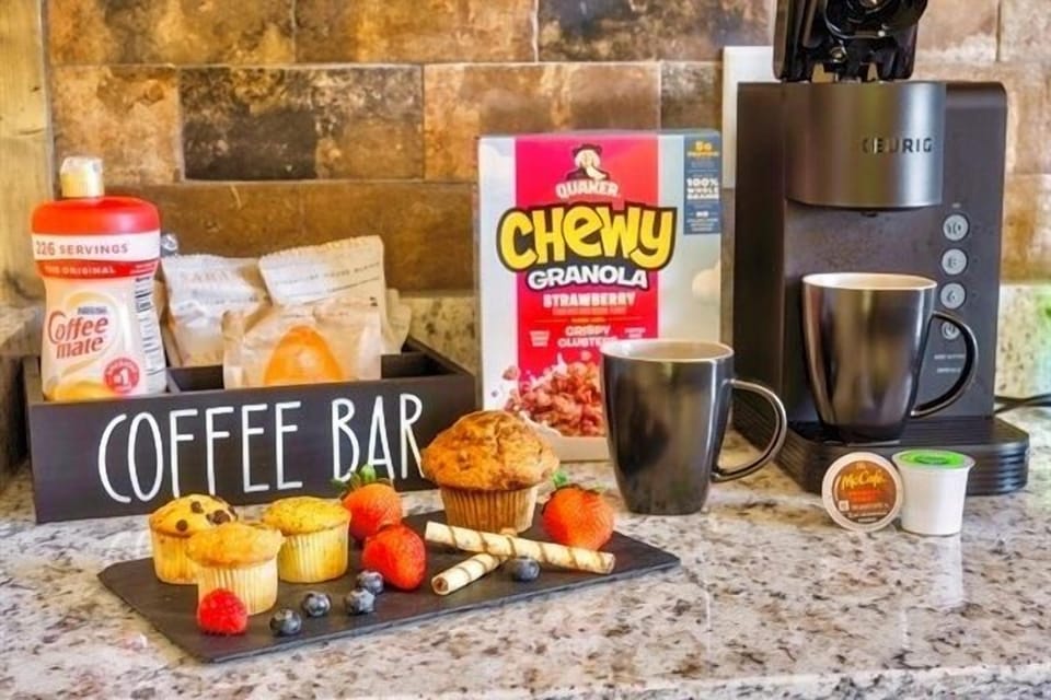 Start your day the right way with a cup of fresh brew and a little something sweet. Whether you’re planning a hike or a lazy morning in, the cozy coffee bar sets the perfect tone for the day ahead.
