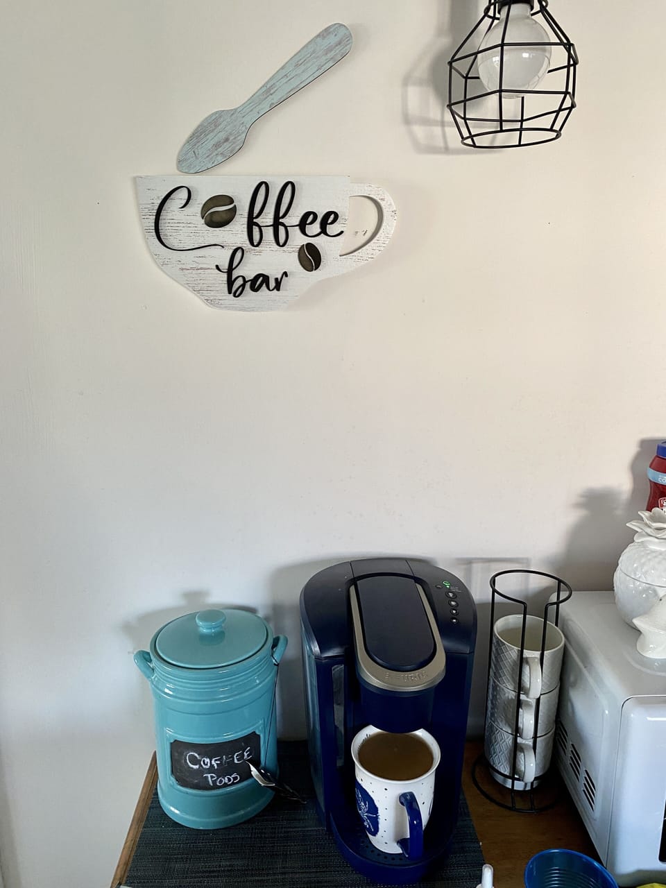 Coffee bar with Keurig and variety of coffee pods. Also tea, hot chocolate, etc.