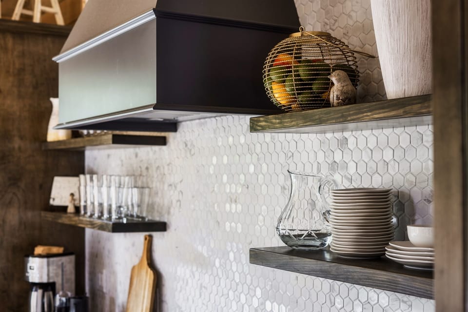 Open shelves showcase our everyday dishware.