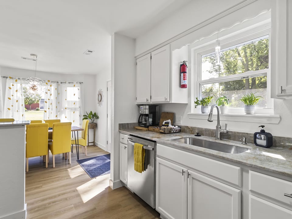 Our bright, beautiful kitchen, with natural stone quartzite countertops.