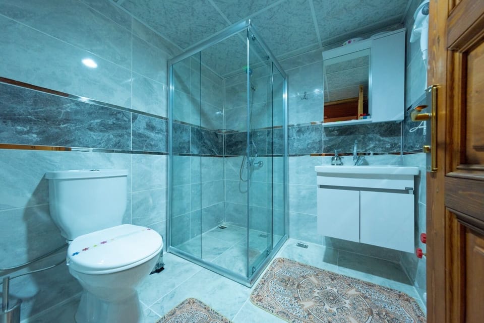 Shower, hair dryer, slippers, towels