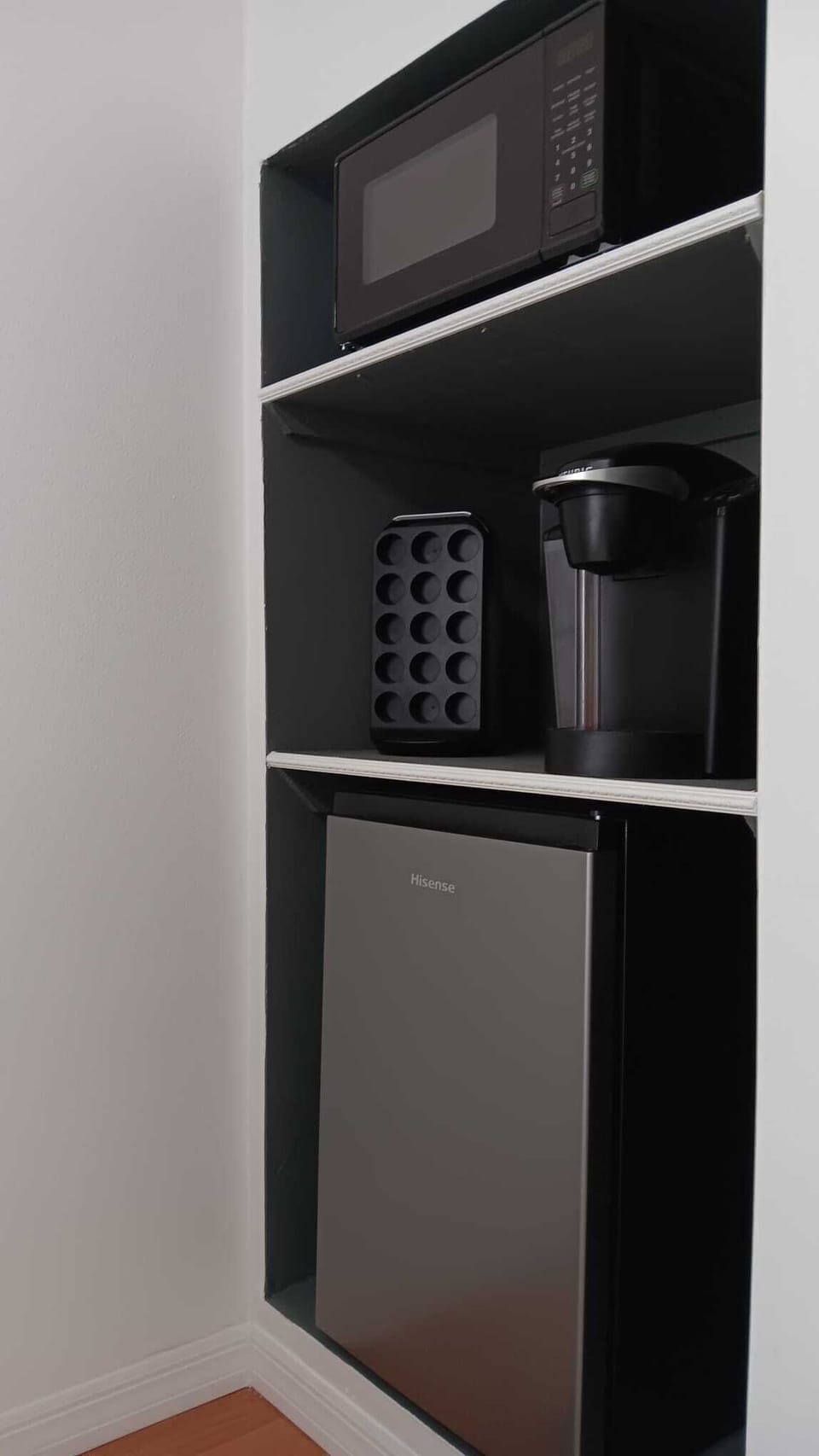 Microwave,  Keurig coffee maker with Colombian  coffee and chocolate K-cup . 