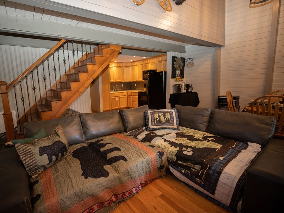 Fold out couch accommodates 2 adults or multiple kids. 