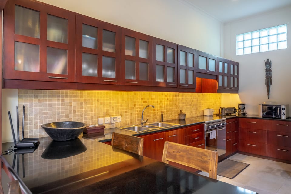 Fridge, microwave, electric kettle, toaster