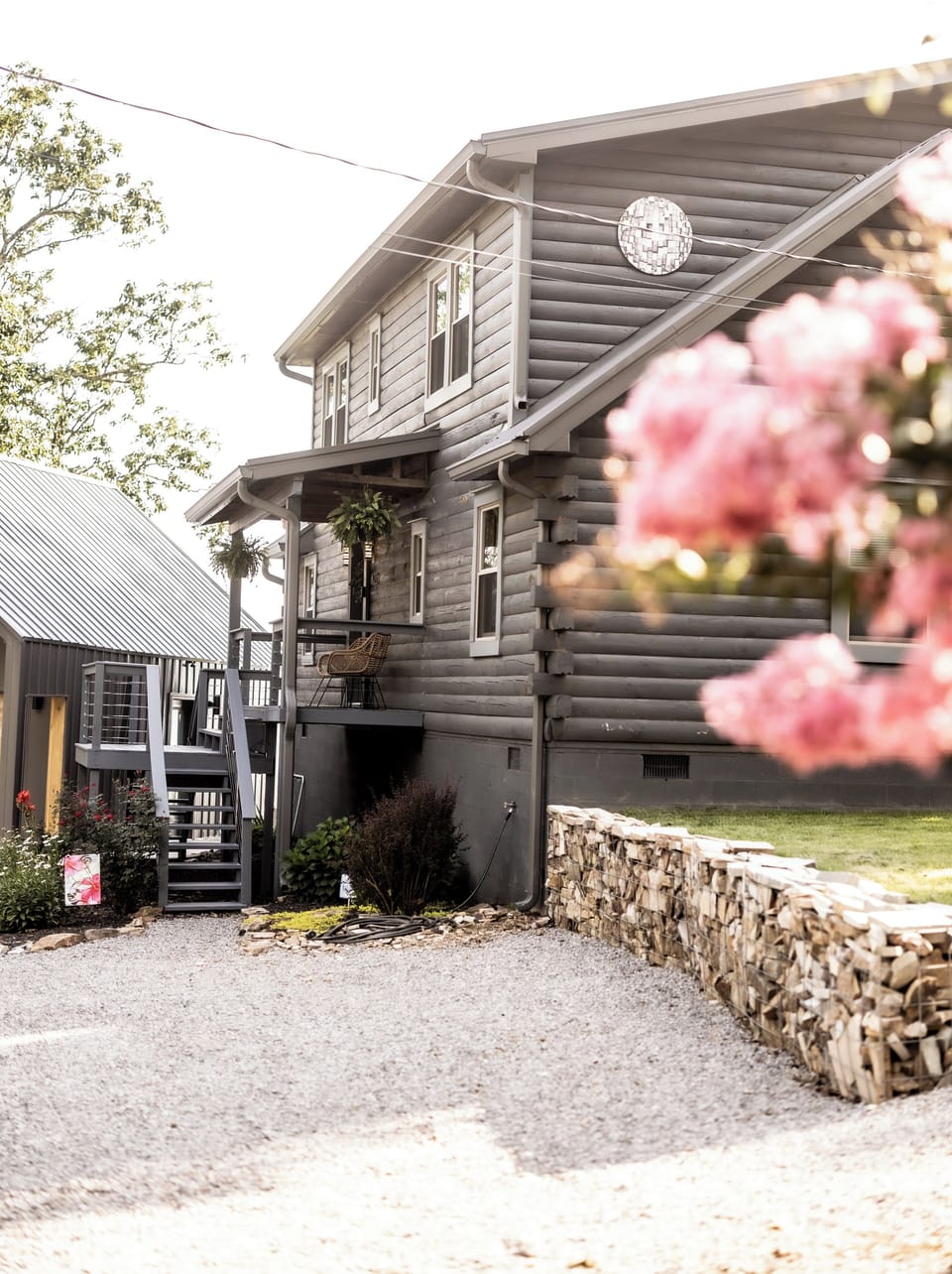 Main entrance to the modern log cabin. 
