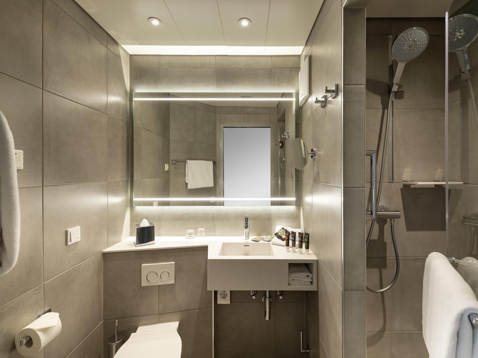 Shower, eco-friendly toiletries, hair dryer, towels