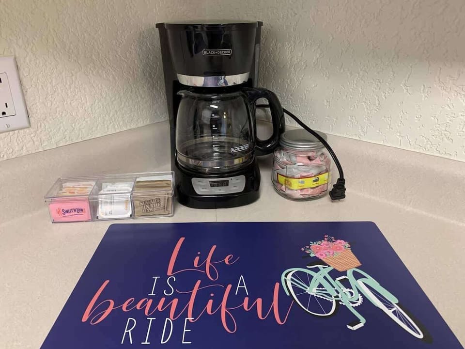 Start your day right with a fresh brew from the coffee station, complete with essentials to fuel your riverside adventures.