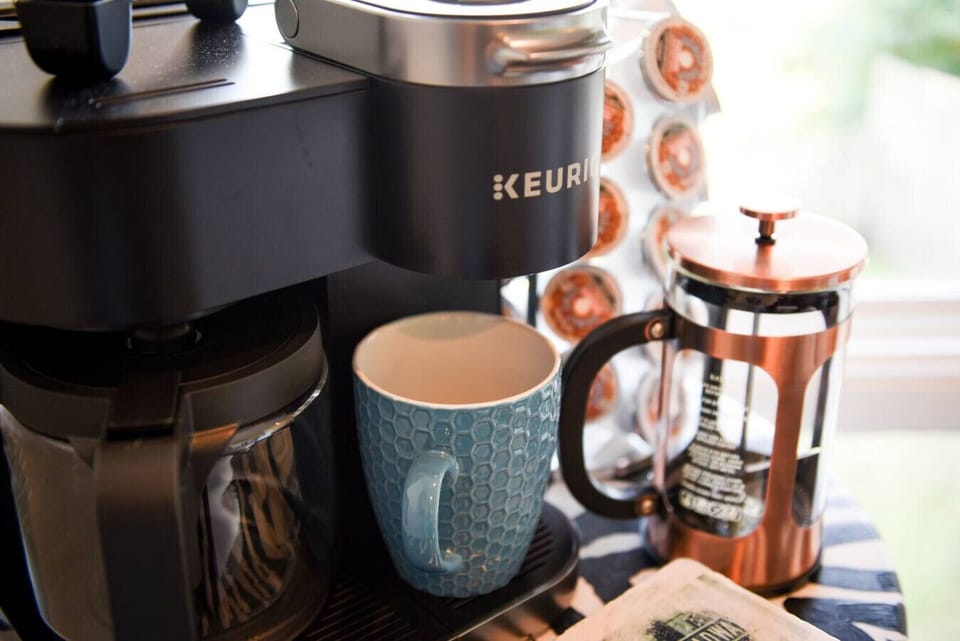 Our coffee station, with three methods to make it - k-cup, drip, and French press. Enjoy the view while it brews.