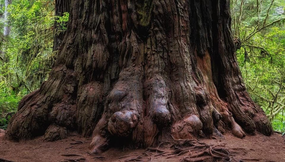 Base of large redwood tree. There are thousands of them.
