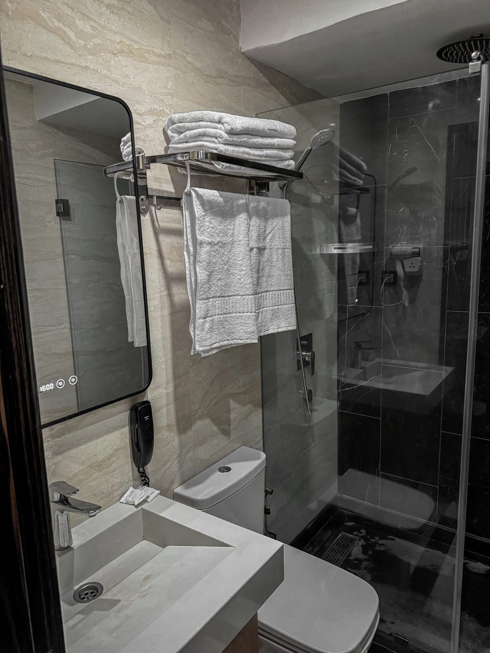 Shower, free toiletries, hair dryer, towels