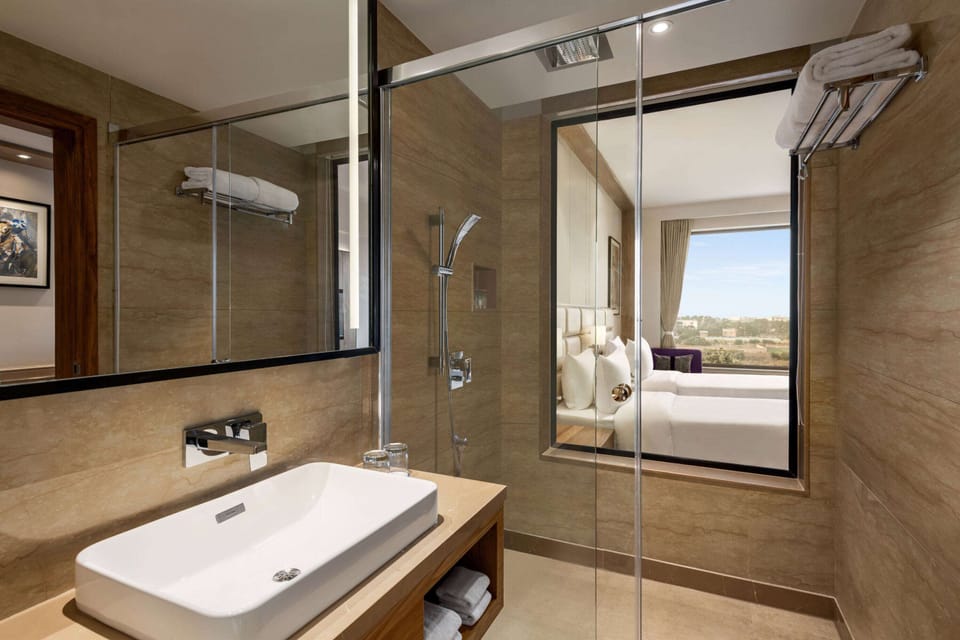 Shower, rainfall showerhead, eco-friendly toiletries, hair dryer
