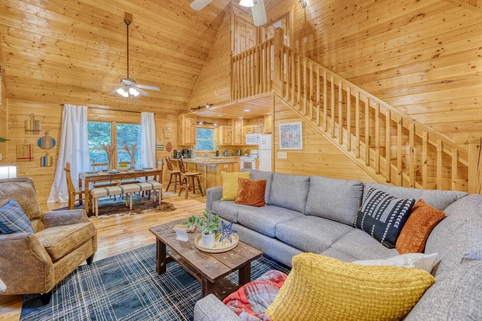 Rustic yet modern interior, with cozy furnishings.