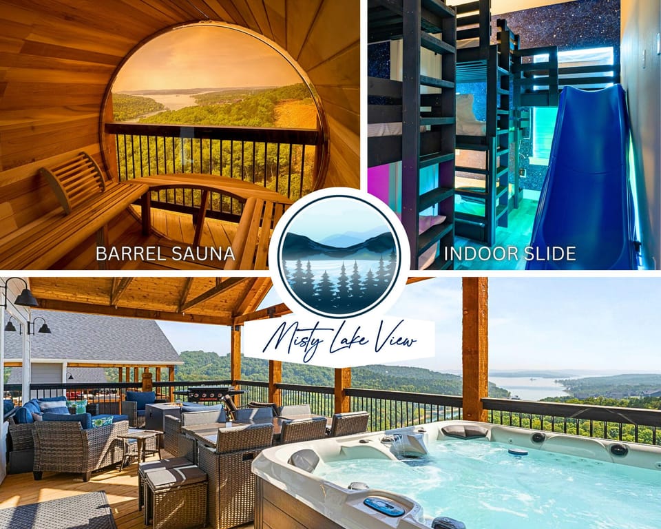 Welcome to MISTY LAKE VIEW! This 8-bedroom retreat features a HOT TUB, BARREL SAUNA, INDOOR SLIDE, and plenty of space for your whole group to unwind and have fun.
