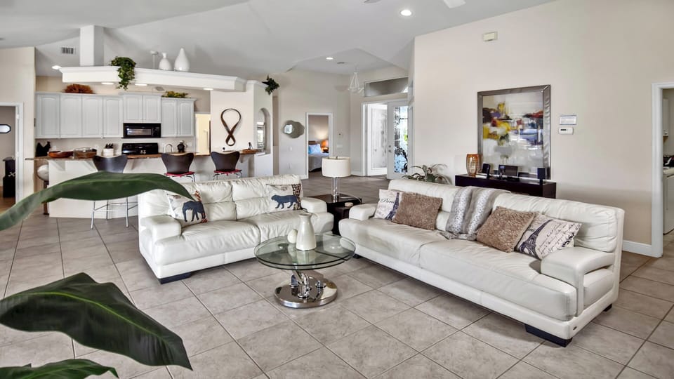 The living area captivates with simple elegance