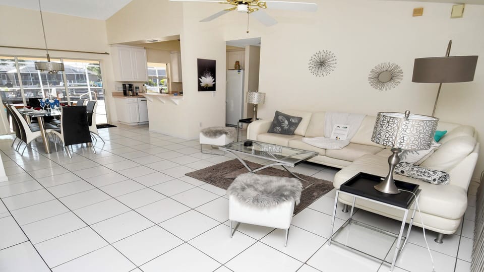 View of the living room, dining area and kitchen
