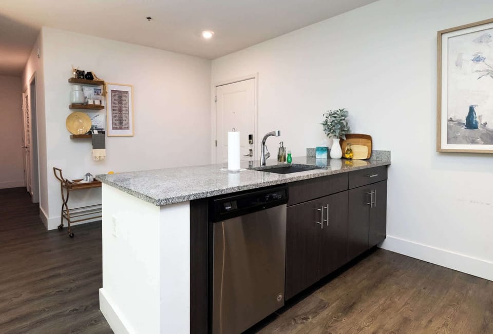 A wide-angle view of the kitchen's workspace, emphasizing the ample counter space and integrated dishwasher.