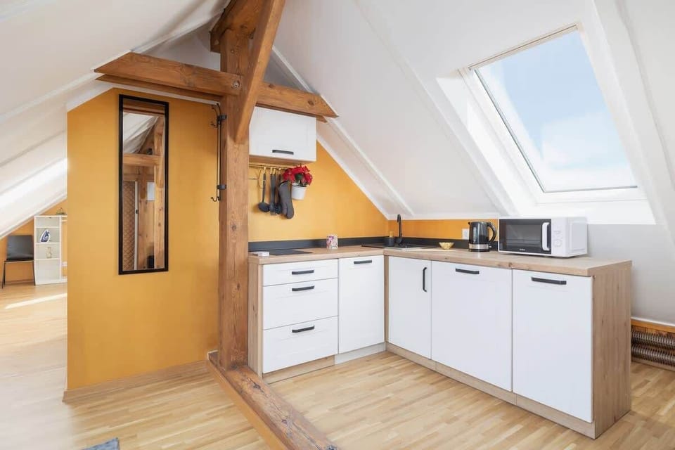 The sleek design of the kitchenette blending seamlessly with the living area.