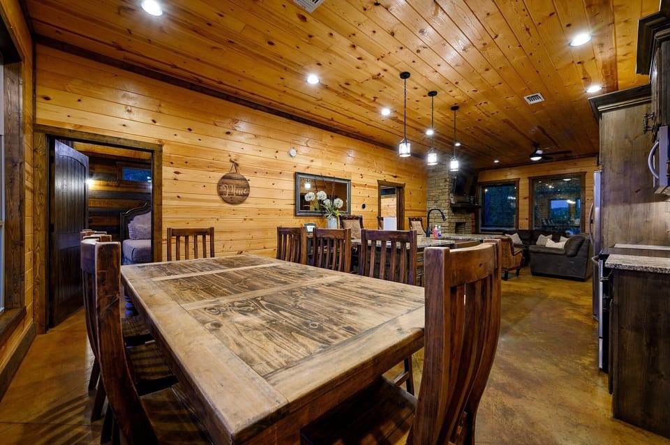 Dining room table with seating for 8, connected to the great room.