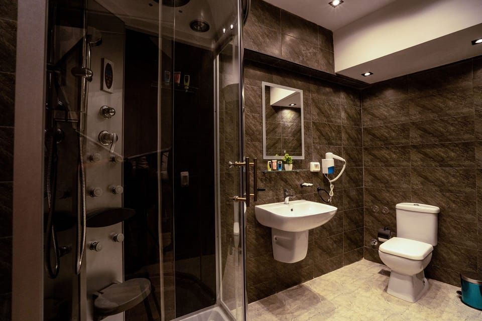 Shower, rainfall showerhead, hair dryer, bathrobes