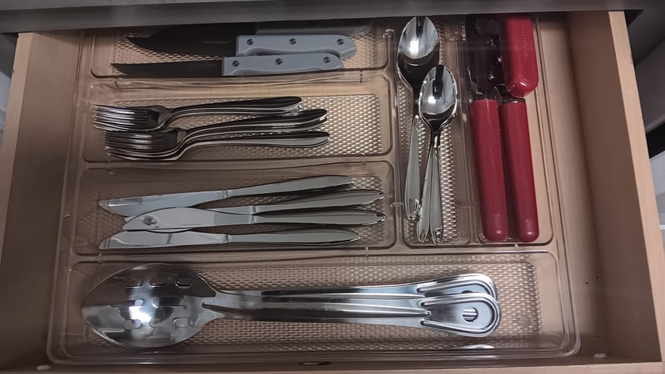 Knifes, Forks, Tableware etc. 
Kitchen is Fully Equipped