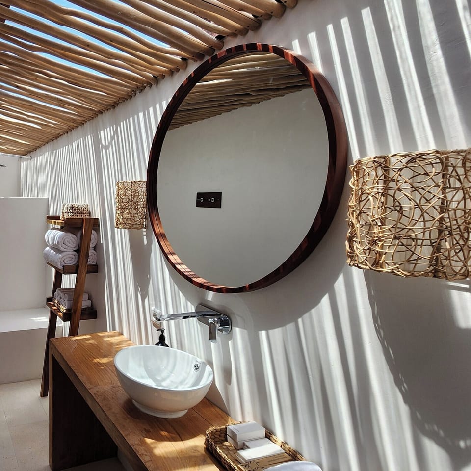 Shower, rainfall showerhead, designer toiletries, towels
