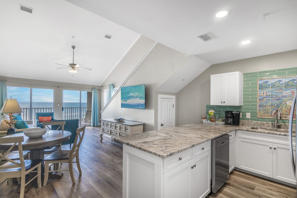 Kitchen, dining area and living room