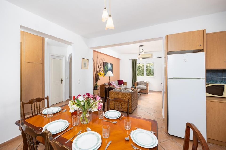 Open-plan living room with sofa, dining area, kitchen, ornamental fireplace, A/C, WiFi internet, and satellite TV