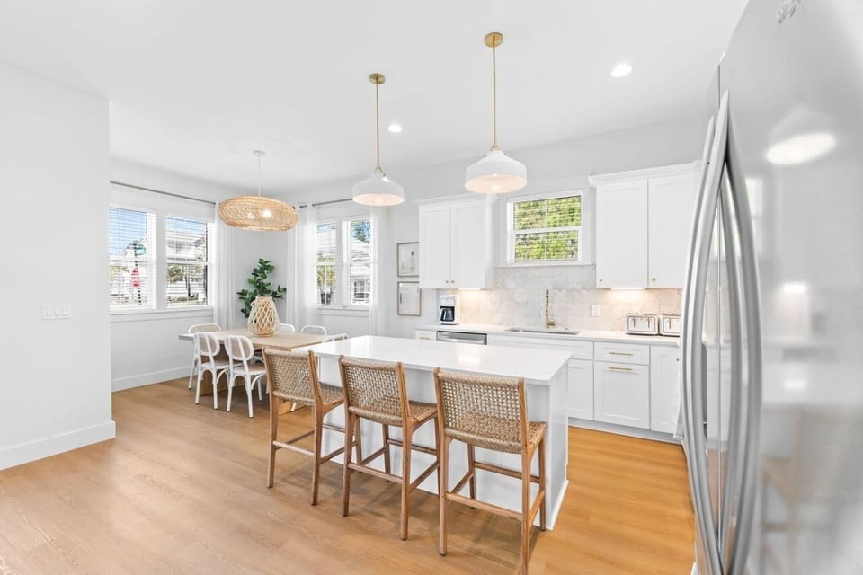 The open floor plan allows for everyone to dine together.
