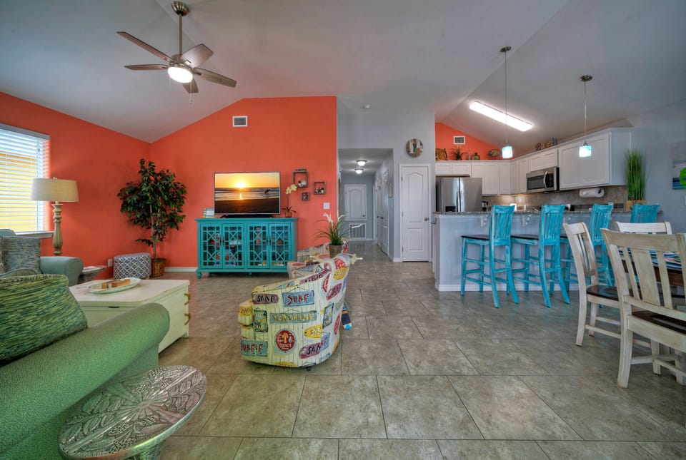Living and dining spaces seamlessly blend.